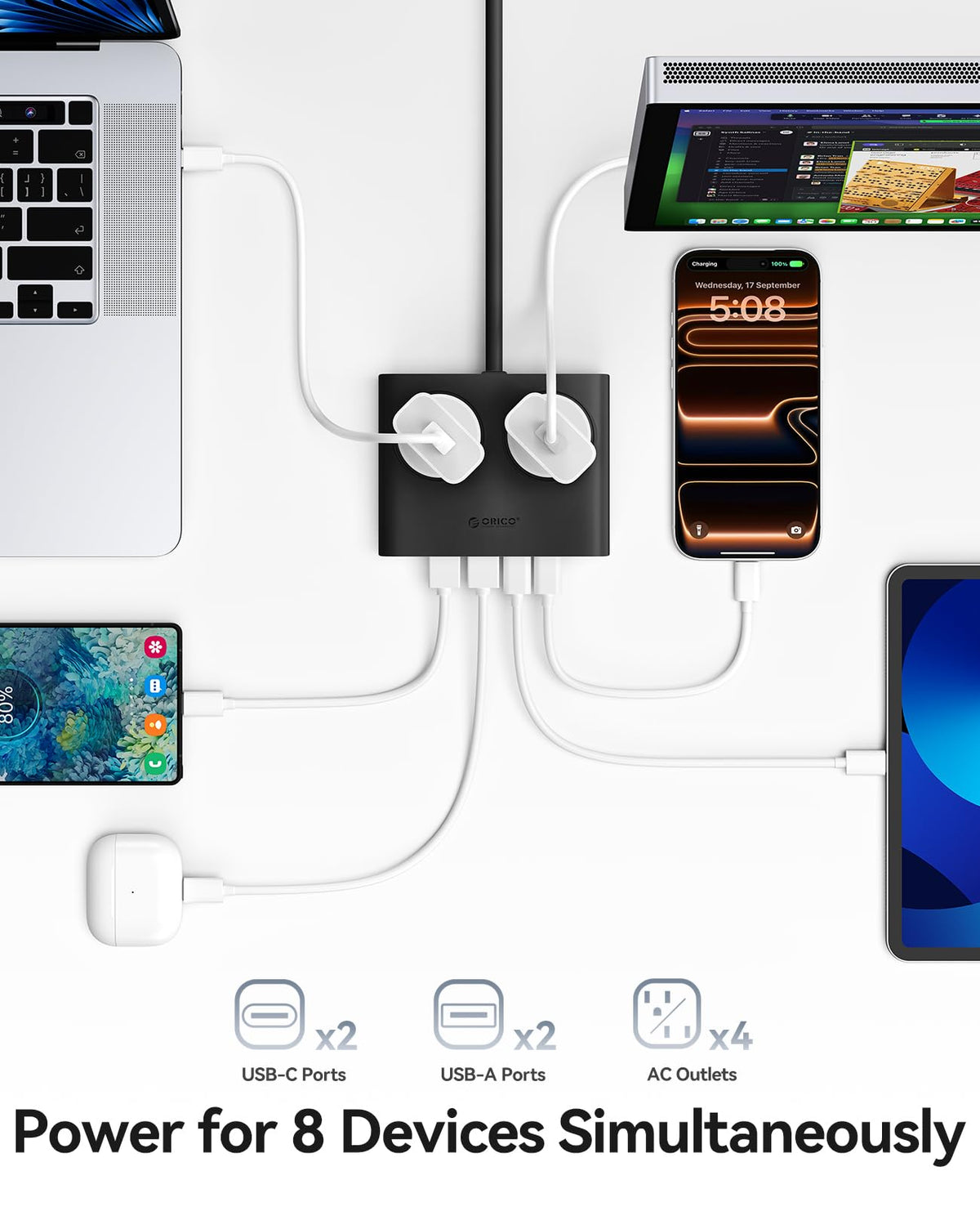 ORICO Power Brick shows four outlets and two USB ports for versatile charging