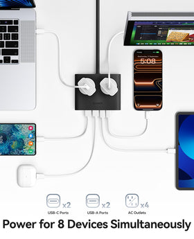 ORICO Power Brick shows four outlets and two USB ports for versatile charging