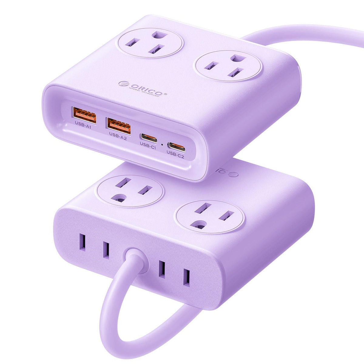 ORICO Power Brick 8-in-1 outlets for clutter-free charging on a desk or nightstand.