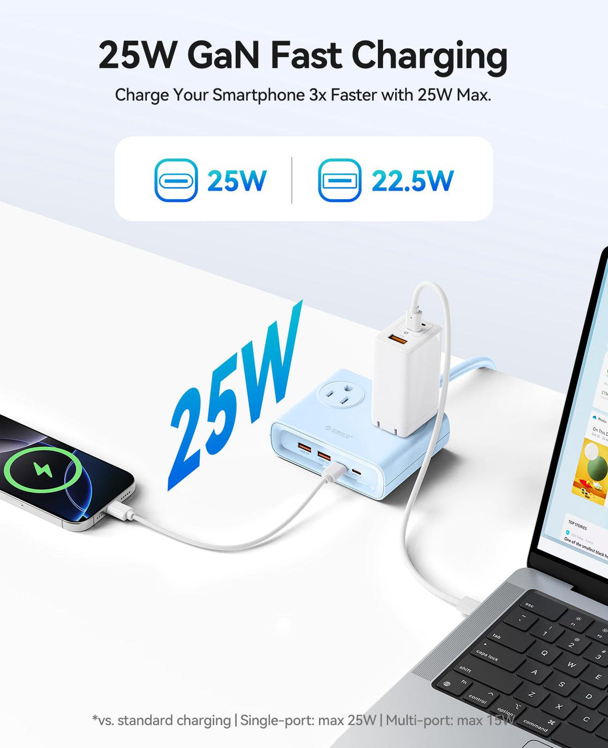ORICO Power Brick 45-degree flat plug saves space behind furniture and walls