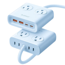 ORICO Power Brick front view with 4 outlets and 2 USB-C ports for versatile charging