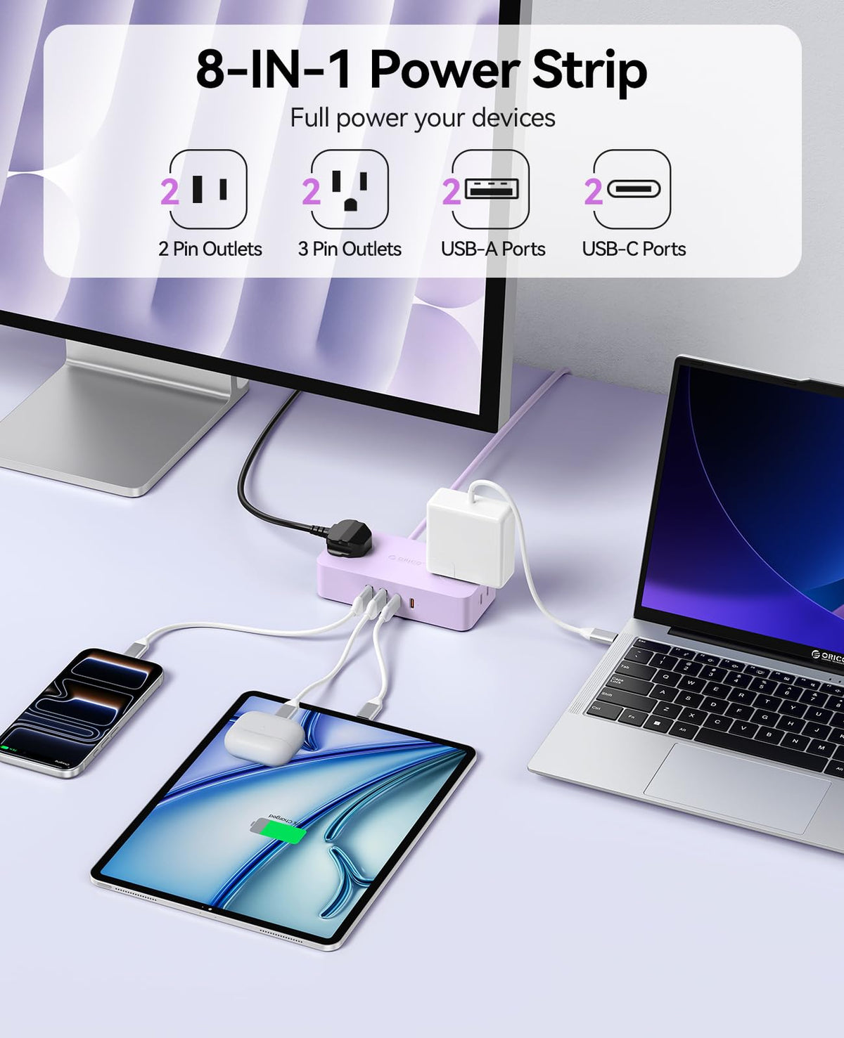 ORICO 4 AC outlets purple design powers multiple devices without crowding outlets