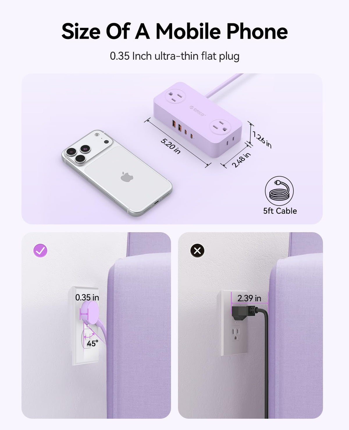 ORICO 45-degree angle plug purple design fits tight wall spaces