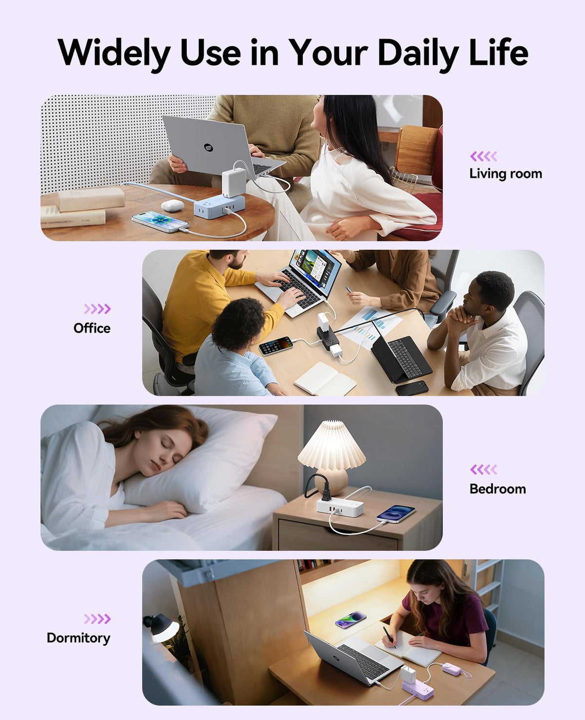 ORICO desk-friendly purple 8-in-1 power strip keeps workspace organized