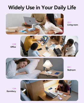 ORICO desk-friendly purple 8-in-1 power strip keeps workspace organized