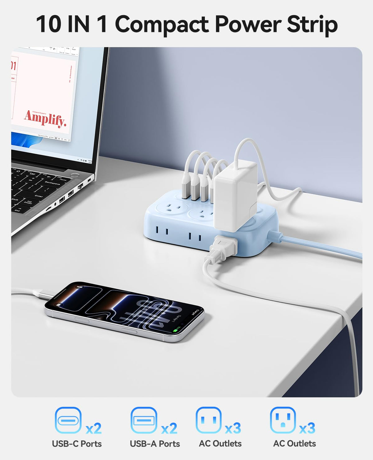 ORICO desktop charging setup showing multiple devices charging from one strip