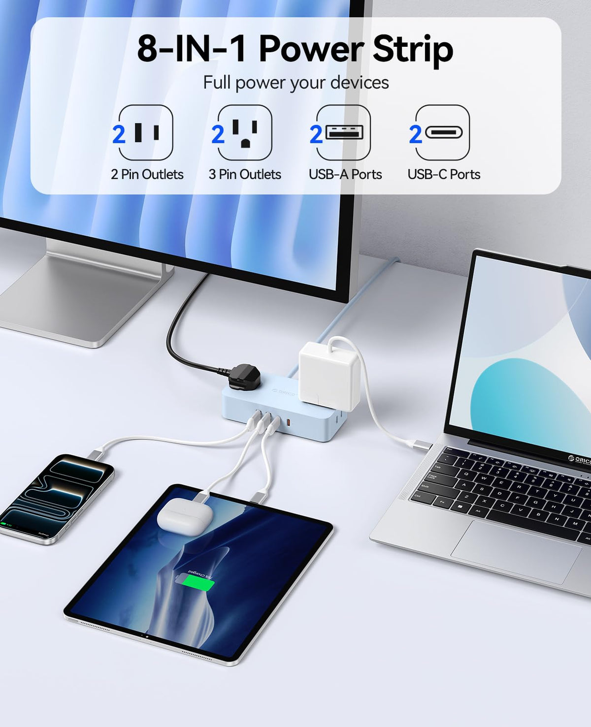 ORICO Power Strip ultra-thin flat plug fits behind furniture.