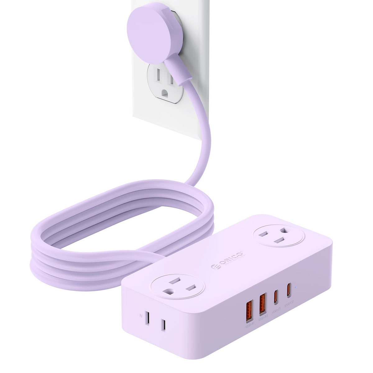 ORICO power strip with flat purple plug saves wall space and hides behind furniture