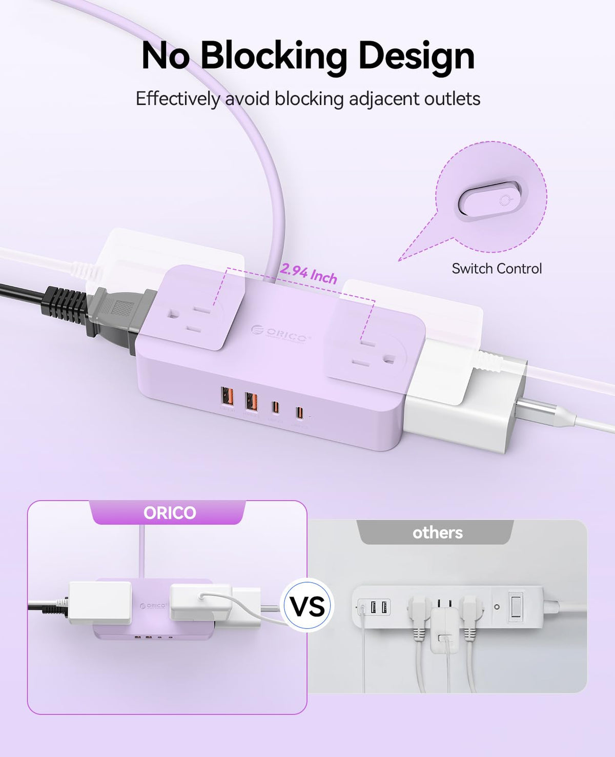 ORICO wide-spaced outlets purple layout prevents large adapters from blocking