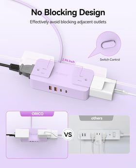 ORICO wide-spaced outlets purple layout prevents large adapters from blocking