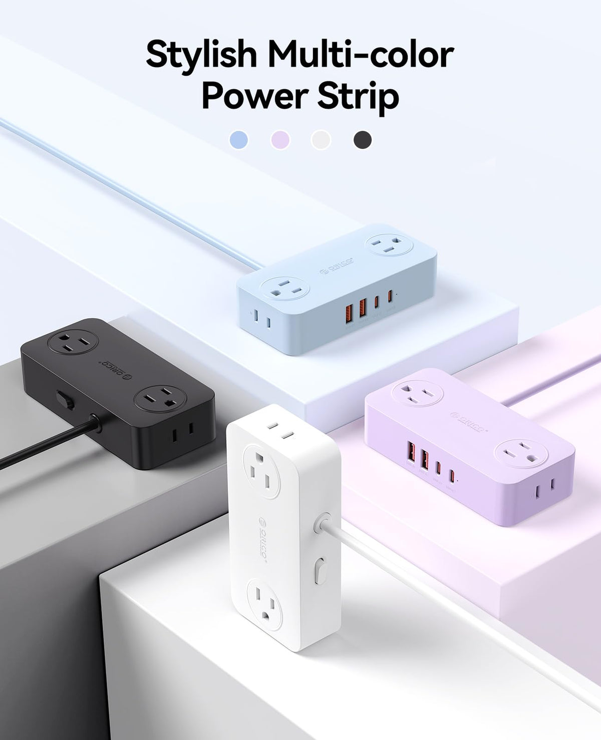 ORICO Power Strip wide-spaced outlets prevent blocking adapters.
