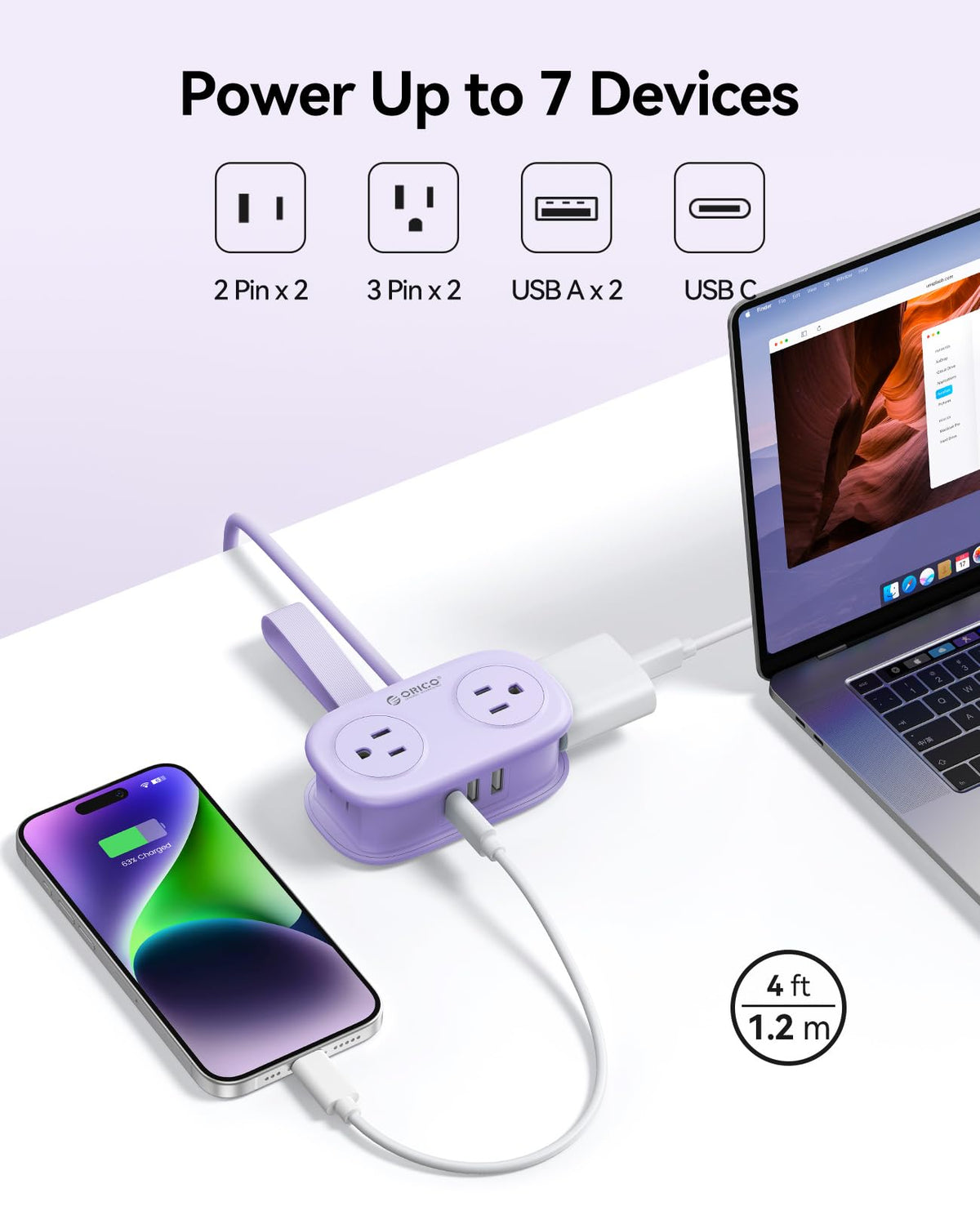 ORICO Purple flat extension cord with 45-degree plug fits against walls