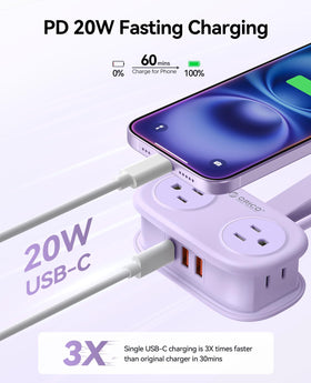 Flat 45-degree plug saves space in tight wall outlets and cabins.