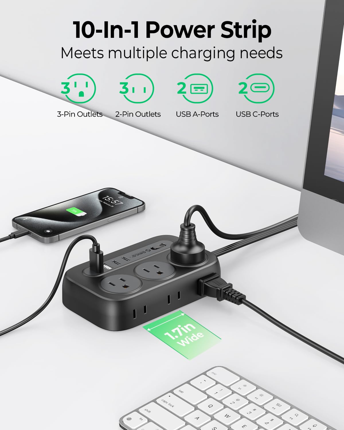 Orico 45-degree plug frees bottom outlets while keeping cords accessible.