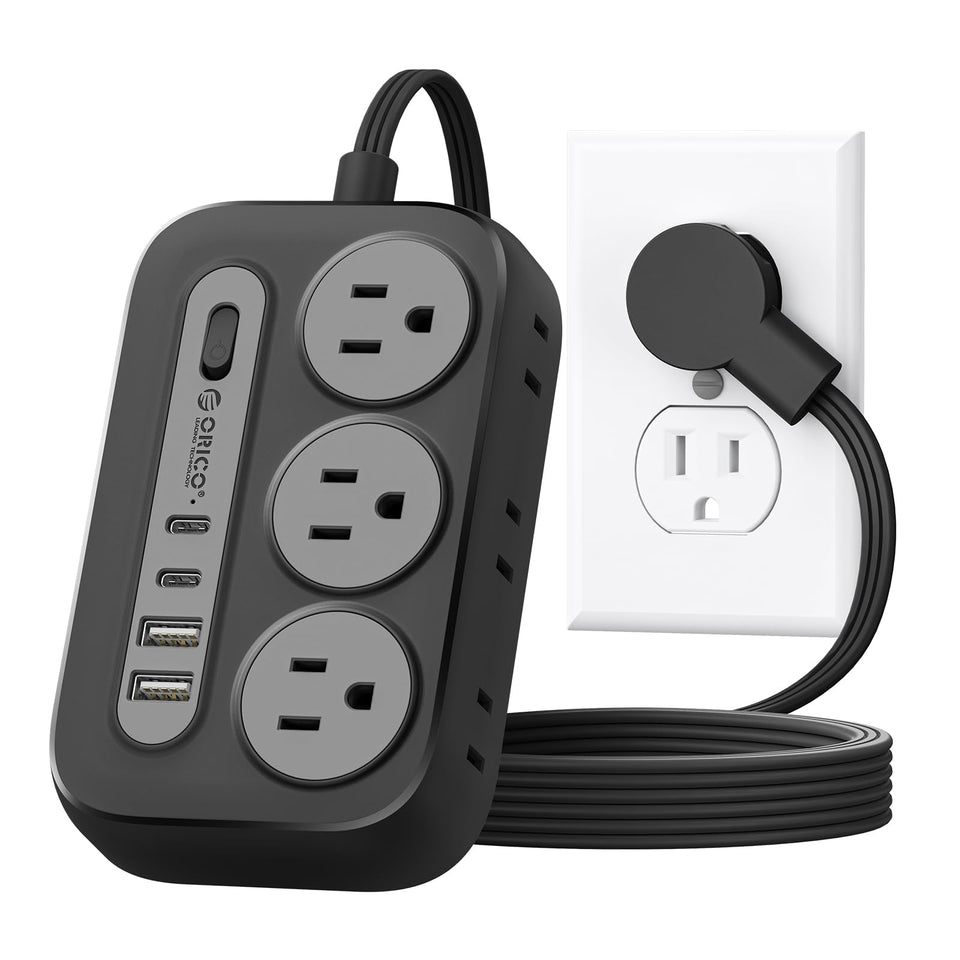 Orico Surge Protector with six AC outlets keeps devices powered and organized.