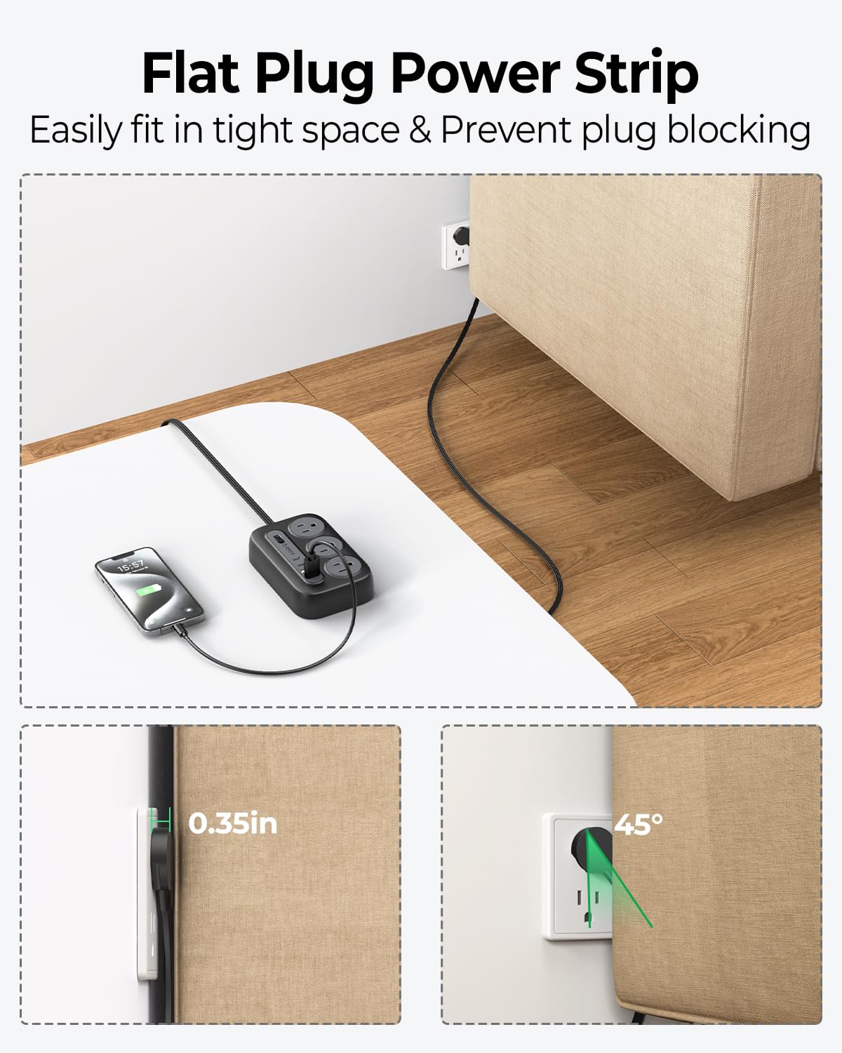 Orico flat-plug design saves space behind furniture by fitting slim gaps.