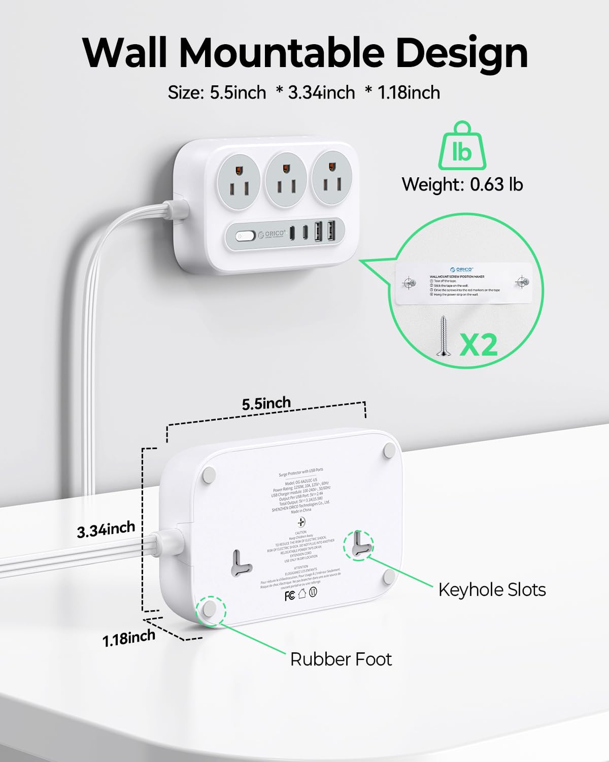 ORICO surge protector flat plug fits behind furniture neatly