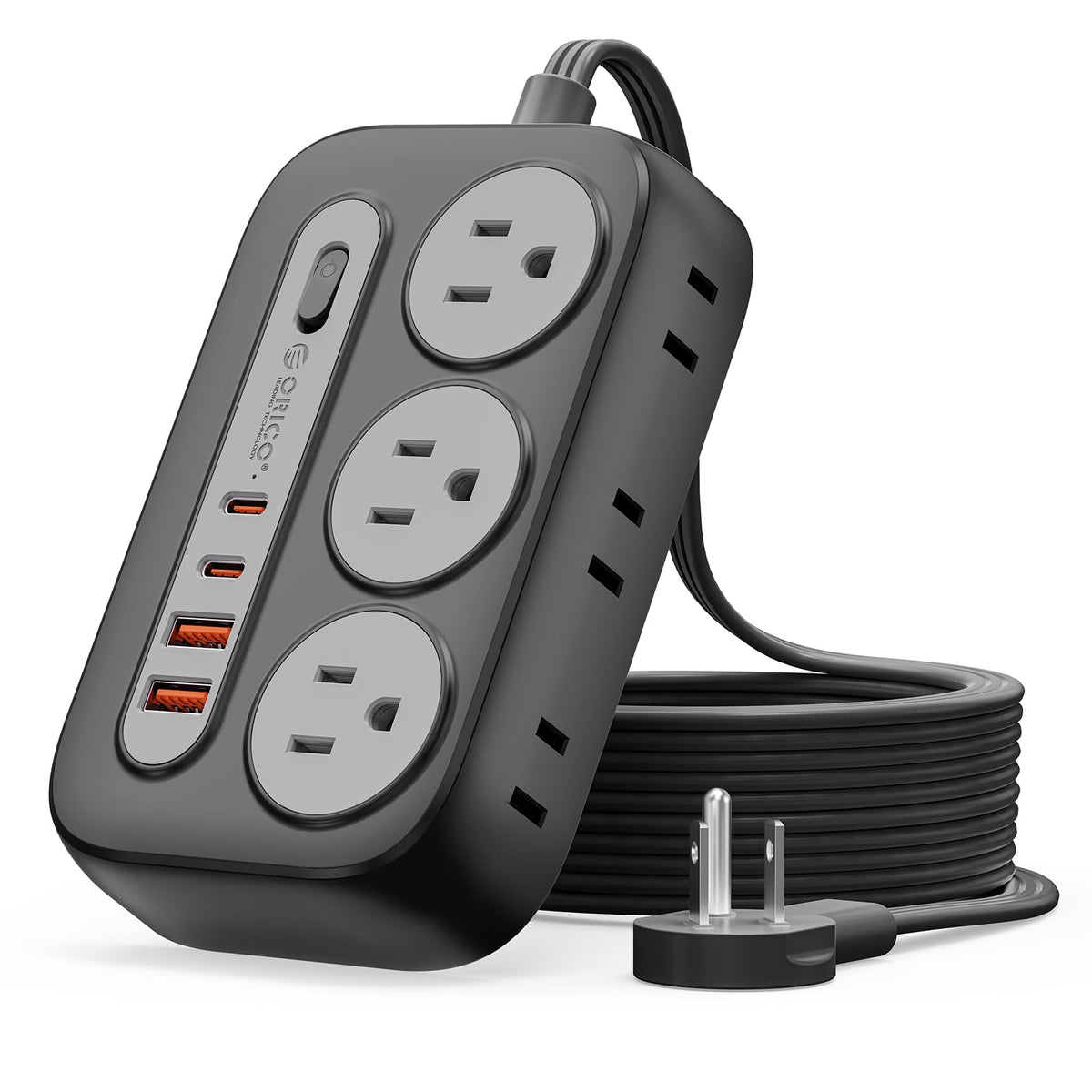 ORICO surge protector power strip on a desk with six outlets and four USB ports for clutter-free charging