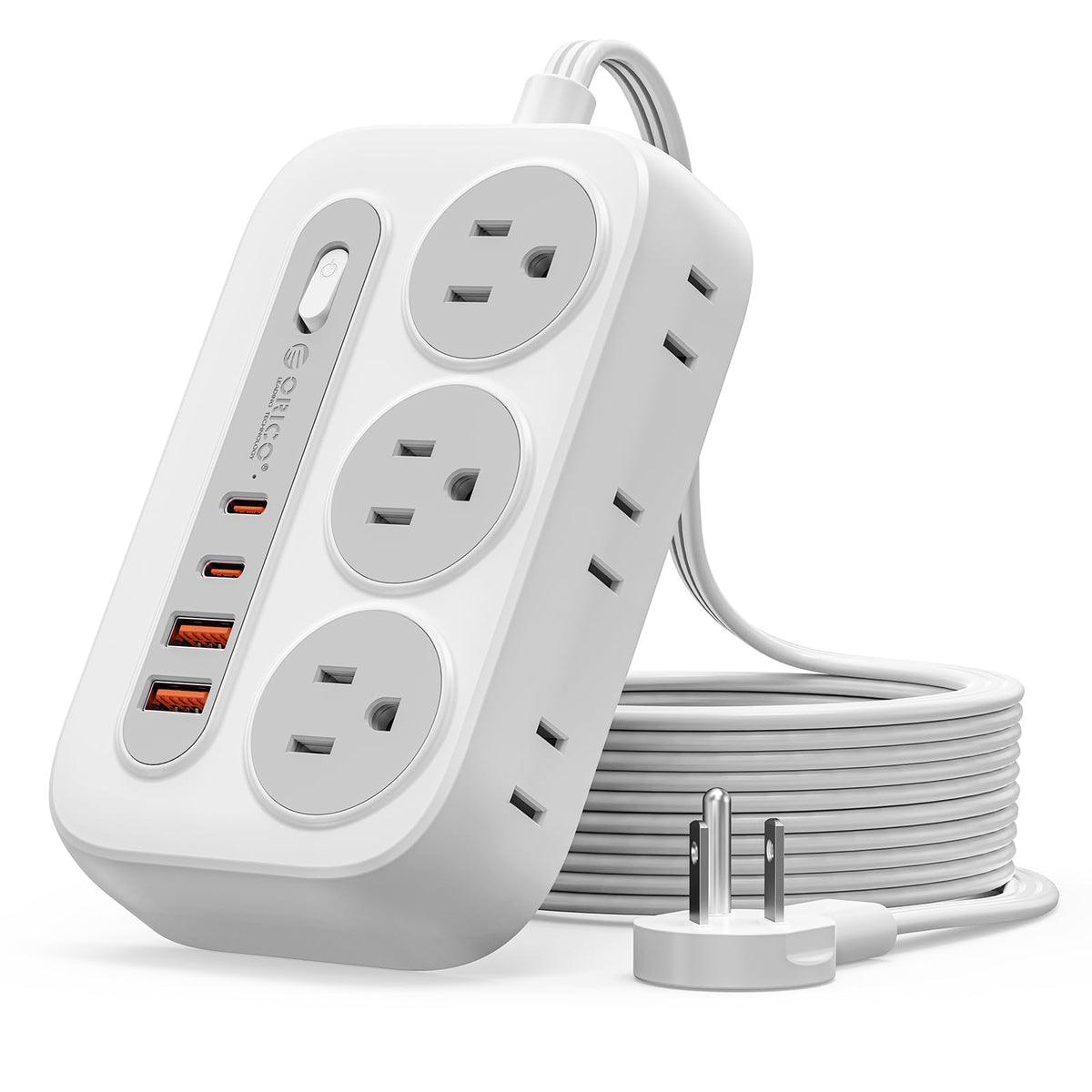 ORICO Surge Protector Power Strip front view shows 6 outlets and USB ports for versatile charging.