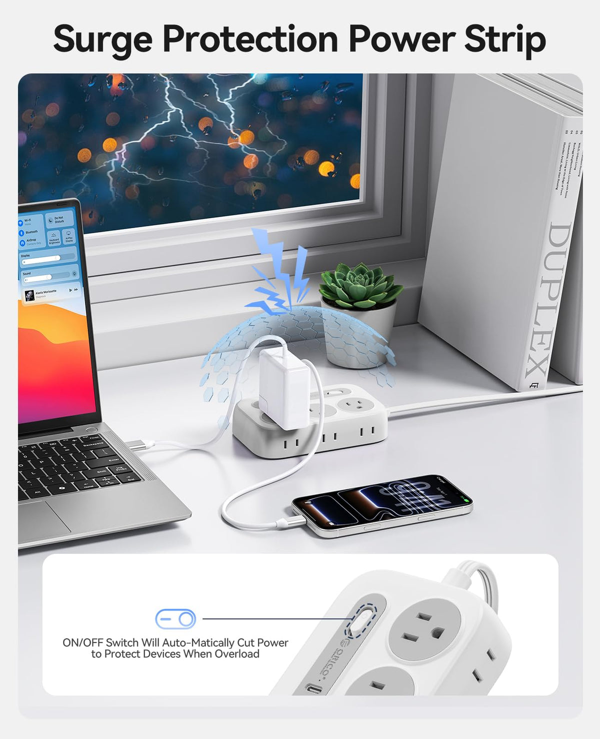 ORICO Surge Protector Power Strip ports and cords organized for safer home charging.