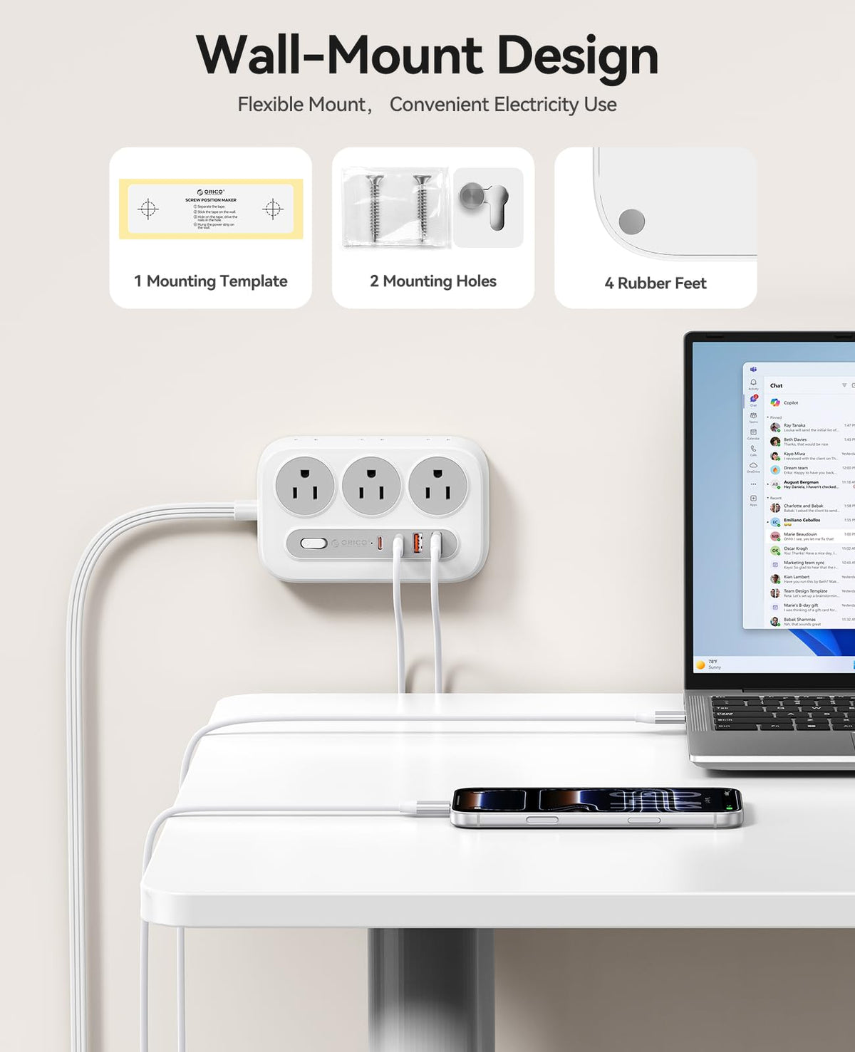ORICO wall-mount-ready power strip kept under a desk for tidy wiring.
