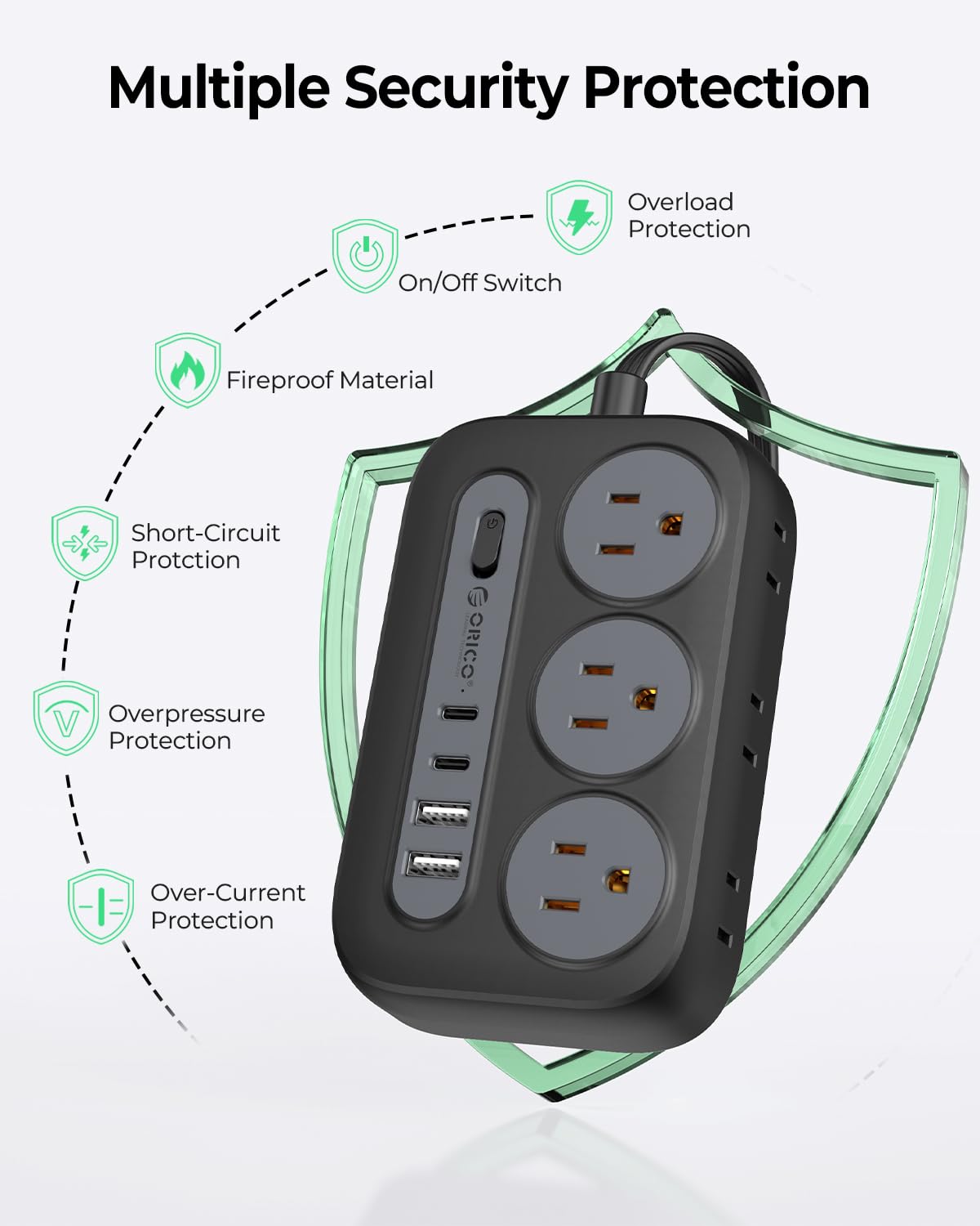 Orico power strip rubber feet prevent slips on surfaces.