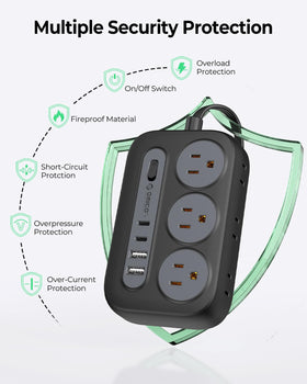 Orico power strip rubber feet prevent slips on surfaces.
