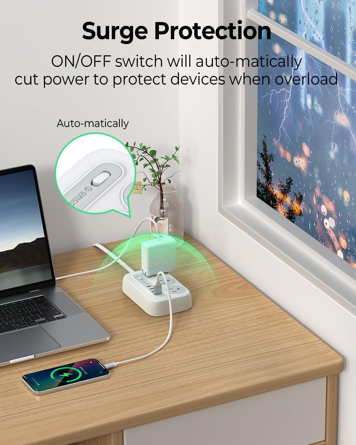 ORICO surge protector side view showing slim flat plug design