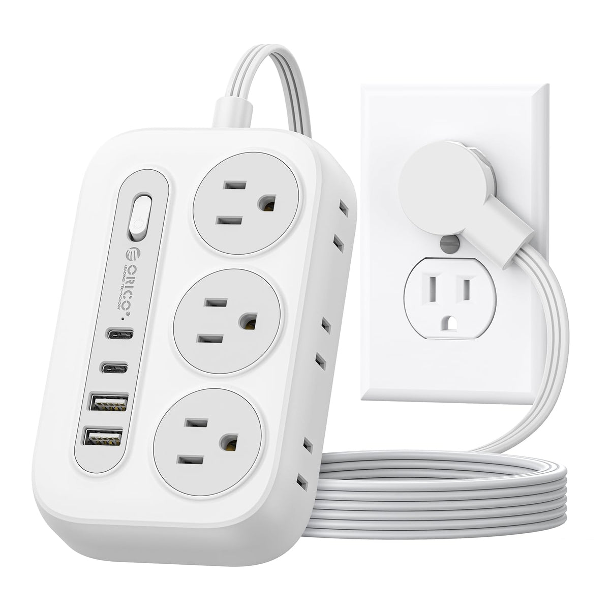 ORICO surge protector power strip with six outlets for clutter-free charging.