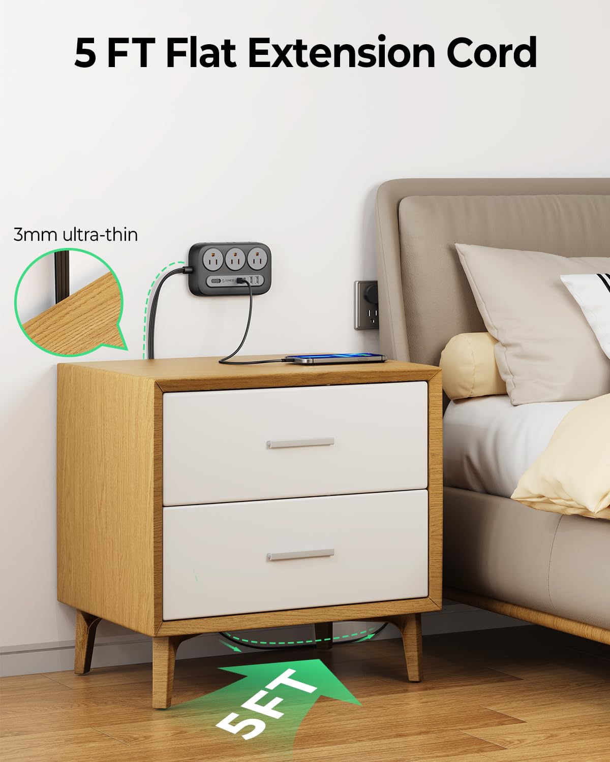 Orico surge protector with USB-A and USB-C ports enables quick charging for devices.