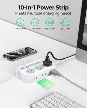 ORICO surge protector power strip with two USB-C ports for modern devices.