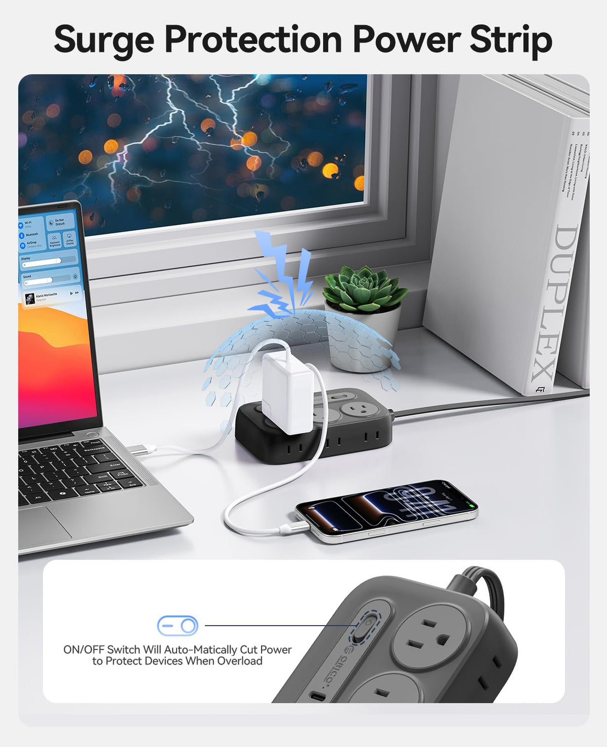 ORICO surge protector showing USB ports for fast multi-device charging