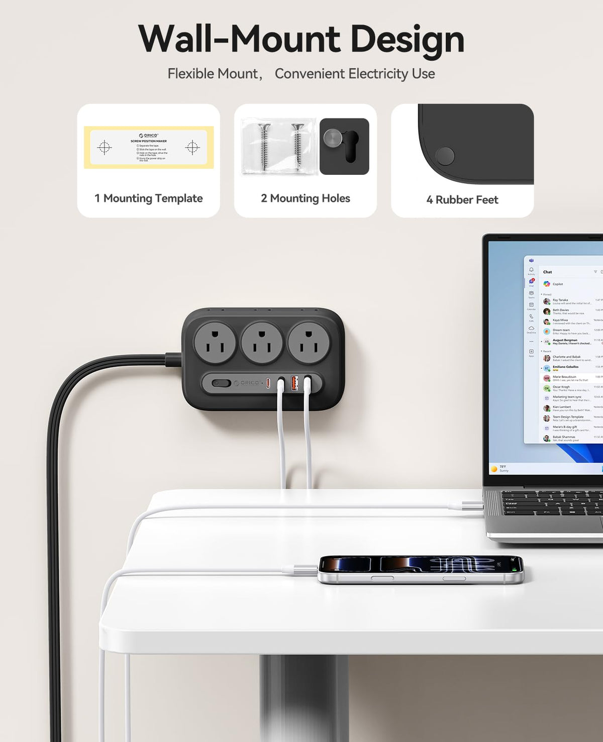 ORICO surge protector with wall-mount holes for under-desk installation