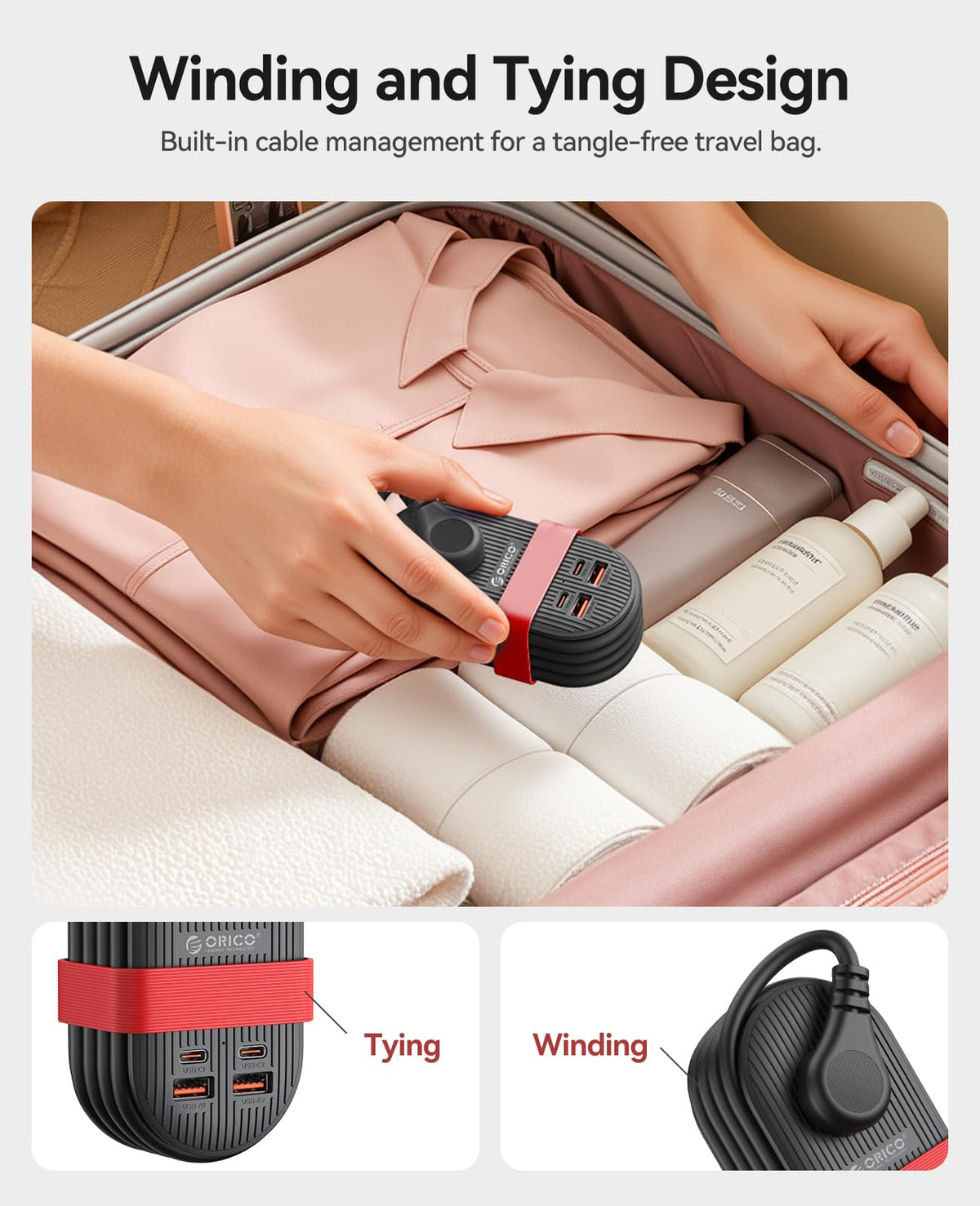 ORICO TK65 45-degree flat plug angle demonstrating space-saving socket access