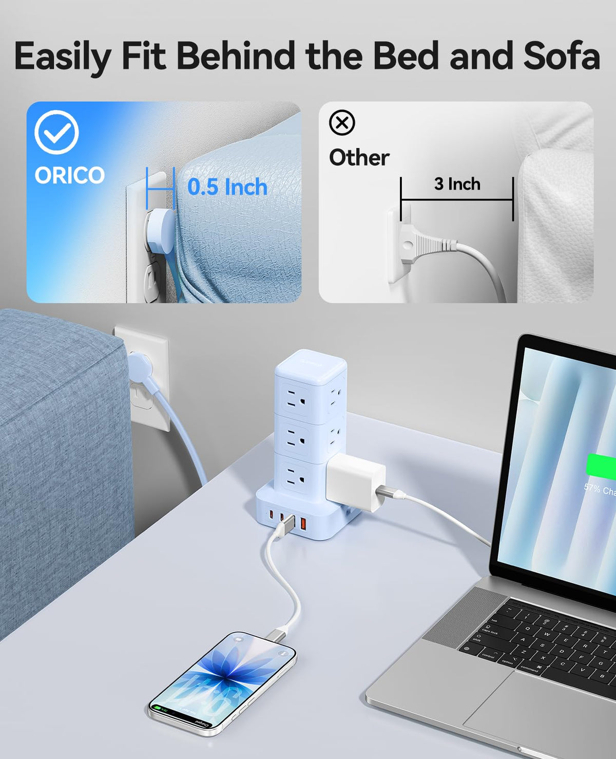 ORICO TPP20 5 ft cord enables flexible placement.