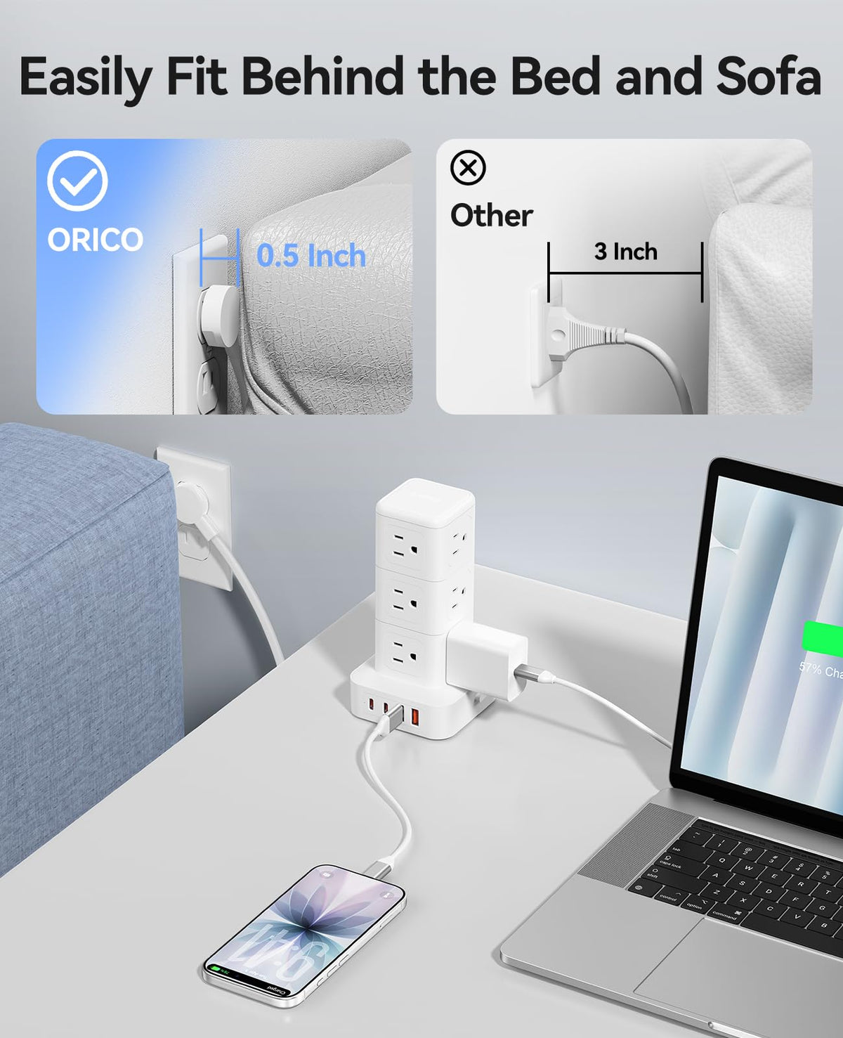 ORICO desk organization with the tower keeps cables tidy and accessible.