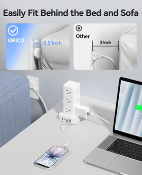 ORICO desk organization with the tower keeps cables tidy and accessible.