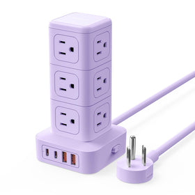 ORICO TPP20 power strip tower with 12 outlets keeps devices organized for a tidy home office.