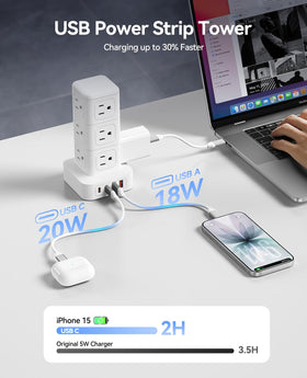 ORICO space-saving tower design reduces desk clutter while powering multiple devices.