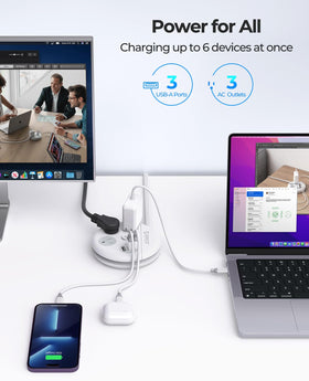 ORICO travel power strip with 3 outlets and 3 USB ports powers multiple devices