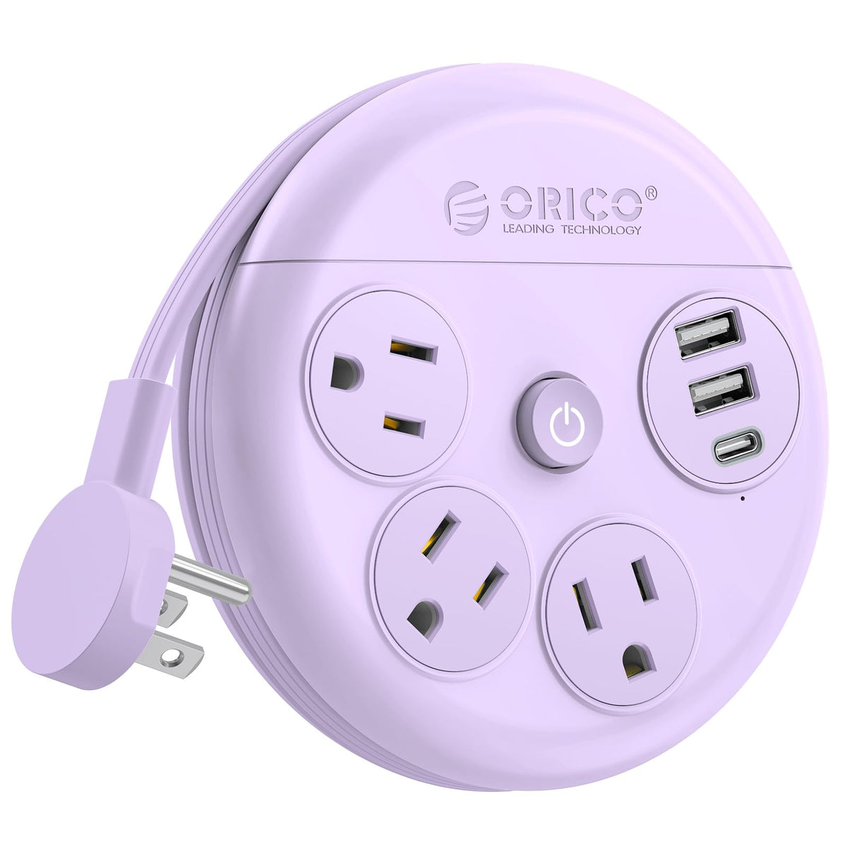 ORICO Travel Power Strip with three outlets and USB ports for multi-device charging.