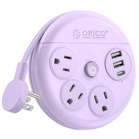 ORICO Travel Power Strip with three outlets and USB ports for multi-device charging.