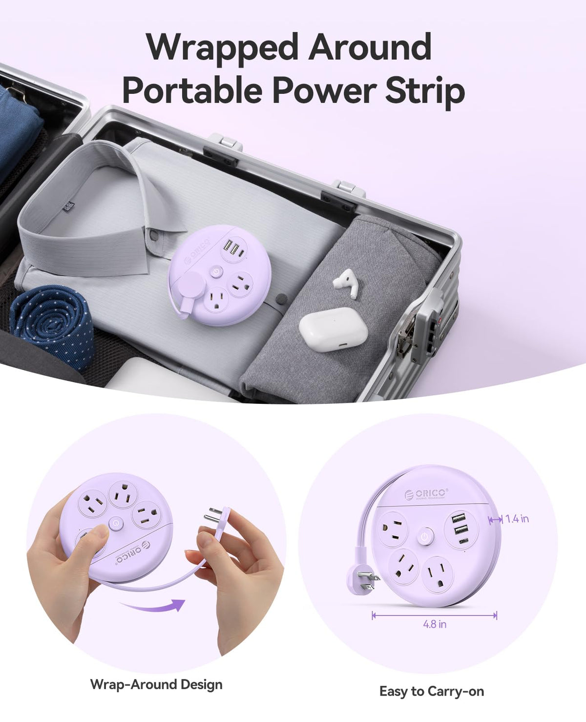 ORICO Travel Power Strip with 4ft flat cord fits tight spaces behind furniture.