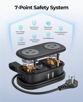 ORICO travel power strip on a hotel desk keeps devices organized.