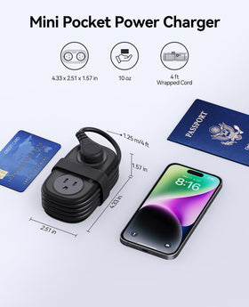 Compact size and flat plug shown for space-saving travel.