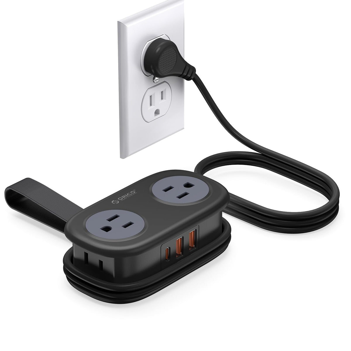 ORICO PD20W travel power strip front view with four outlets for use anywhere.