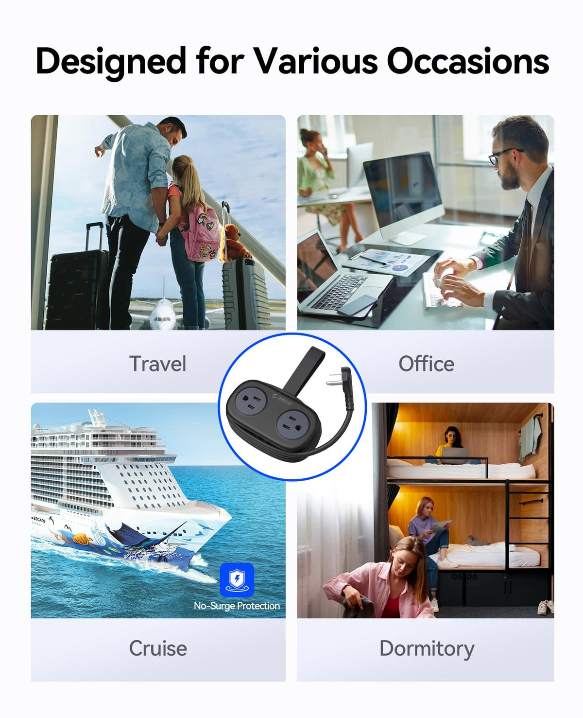 Cruise-friendly power strip resting beside luggage and cabin outlets.