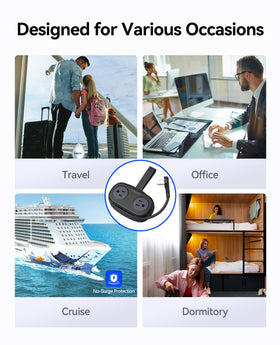 Cruise-friendly power strip resting beside luggage and cabin outlets.
