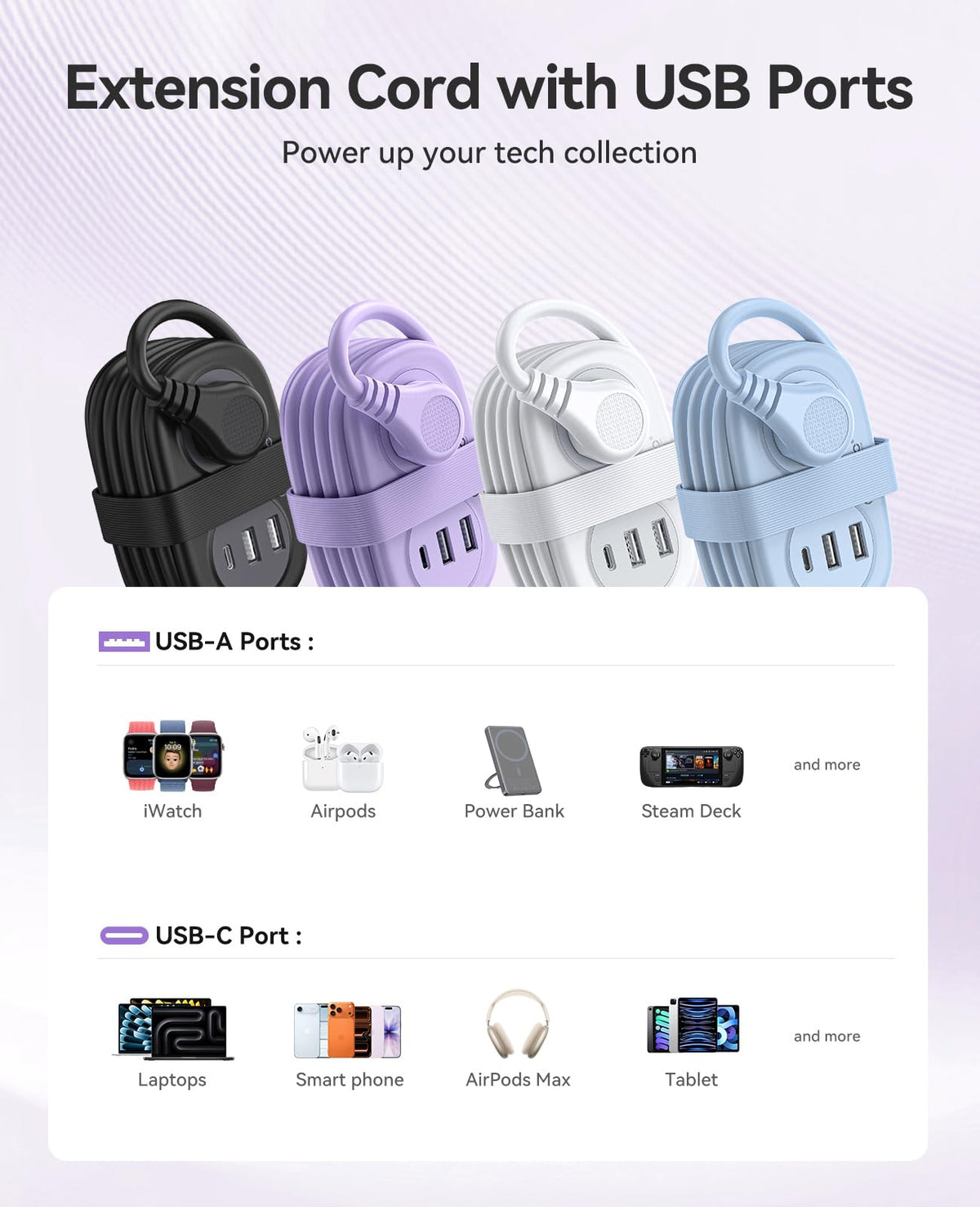 2 AC outlets and multiple USB ports handle phones, tablets, cameras