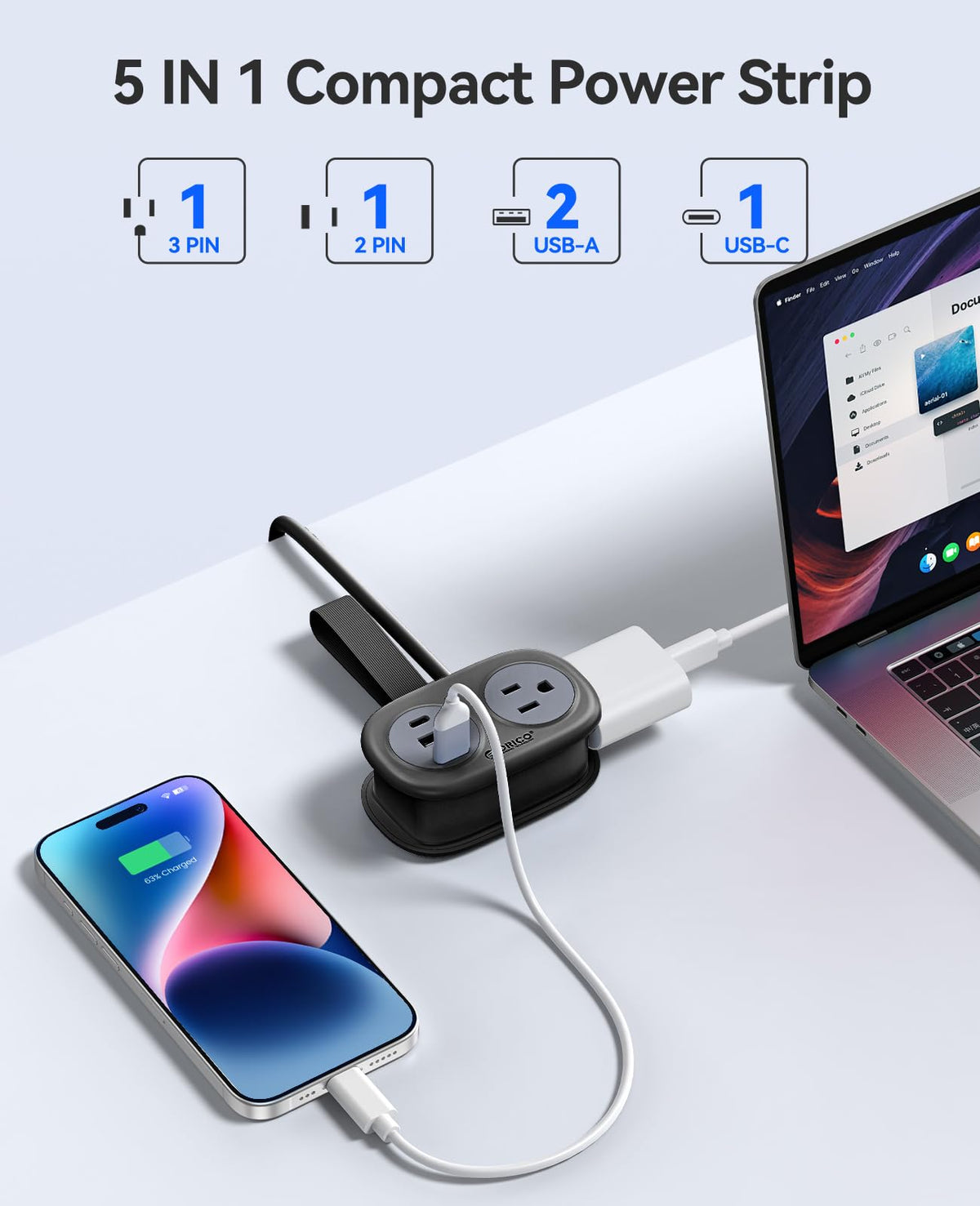 ORICO USB-C port enables fast charging for laptops and tablets.